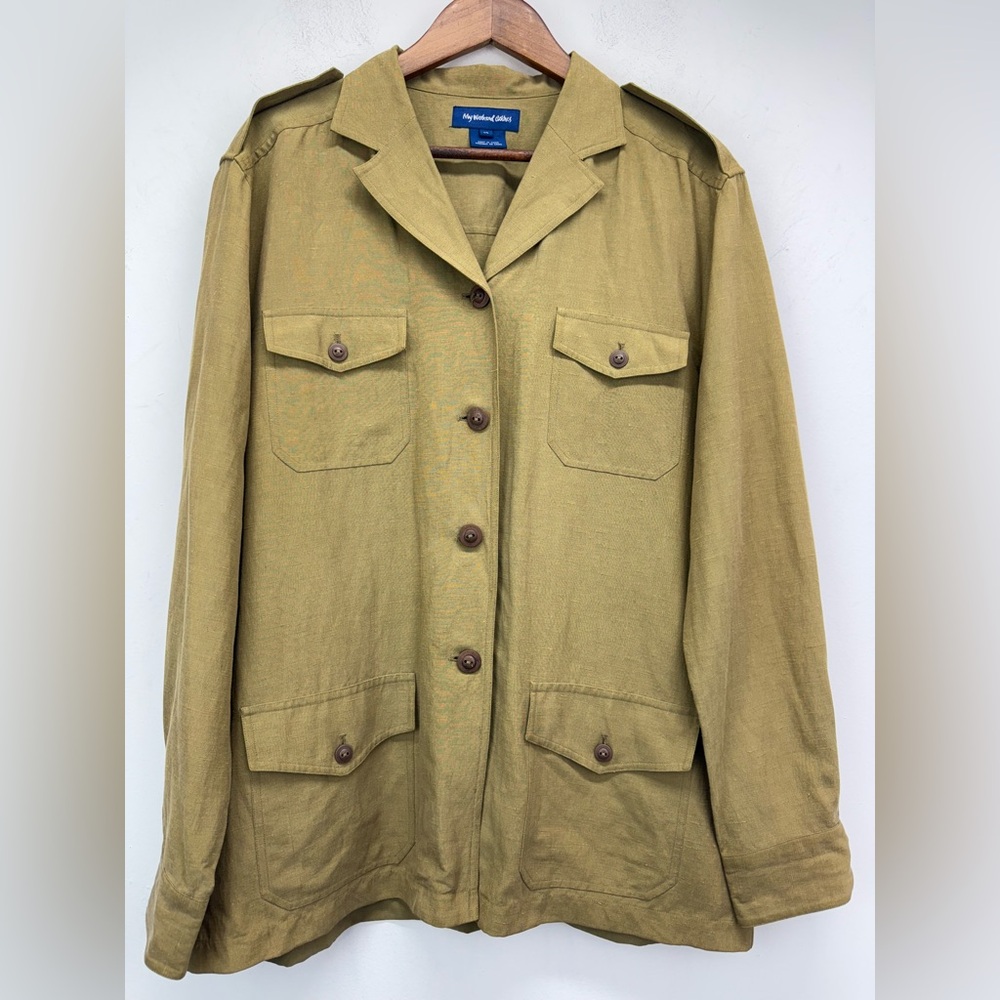 My Weekend Clothes Sz 14 Women’s Green Silk/Linen Safari Military Utility Jacket